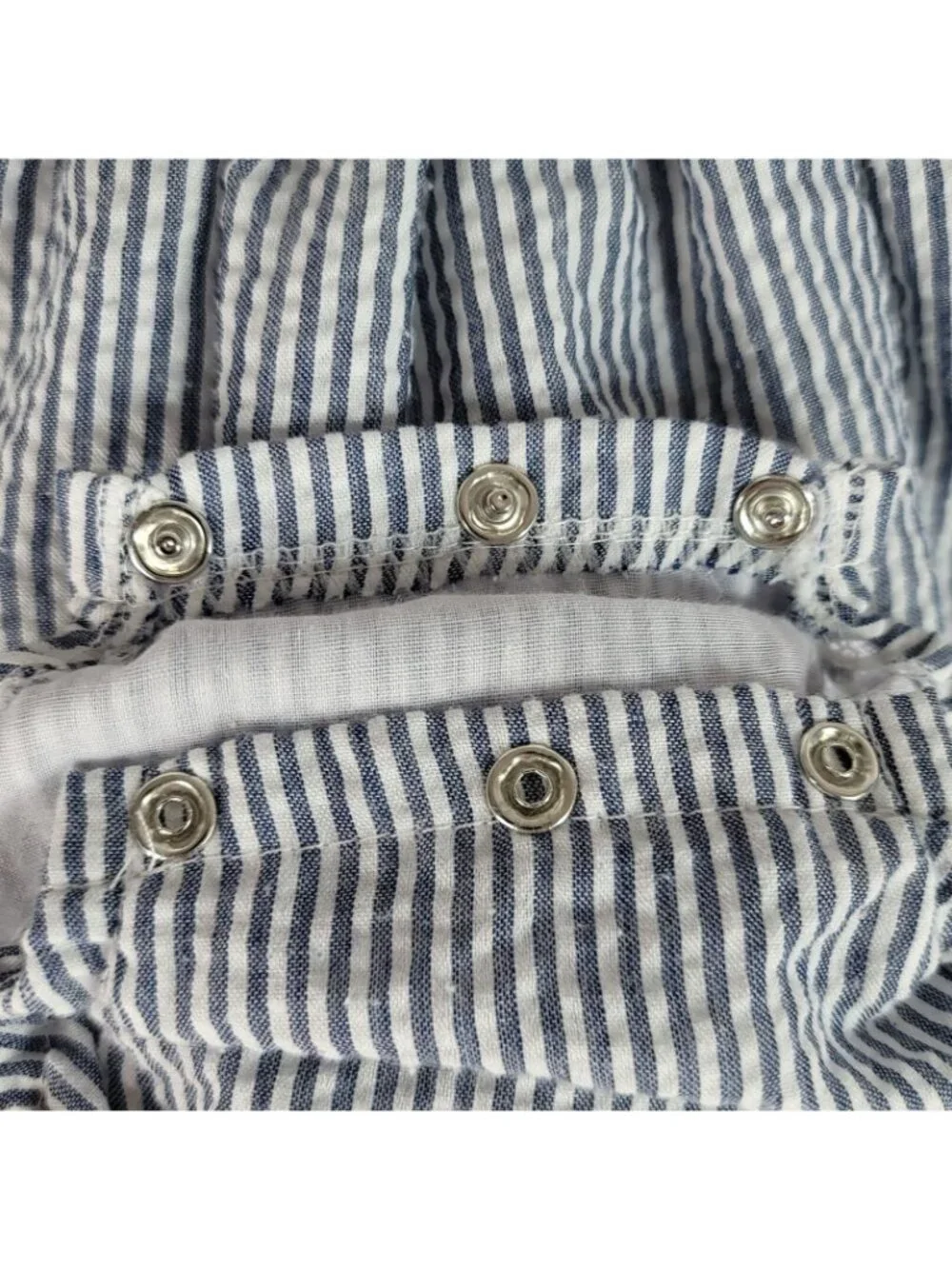 Dapperly Done Baptism Romper Blue White 6-12M Striped Seersucker Long Sleeve